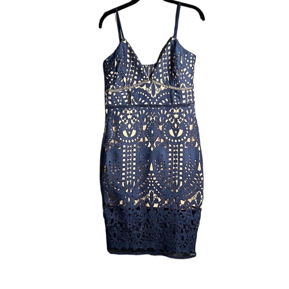 Just Me Blue Lace Bodycon Dress With Spaghetti Strap Dress Size Medium